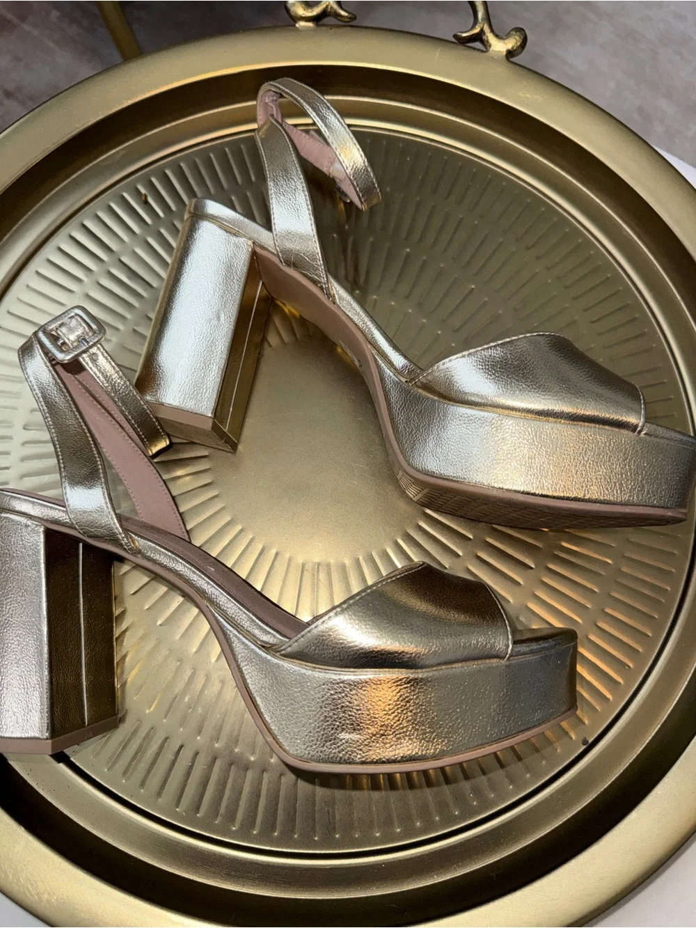 Metallic Gold Ankle-Strap Block Heel Sandals